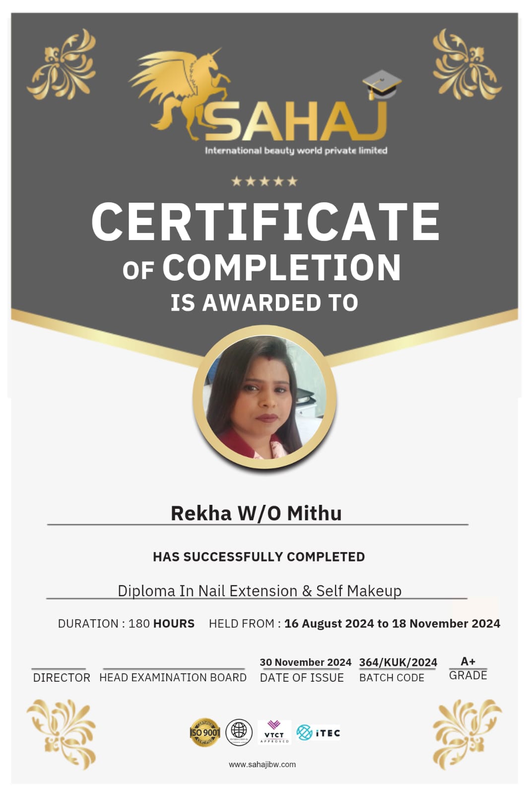 Graduation certificate for Rakhi
