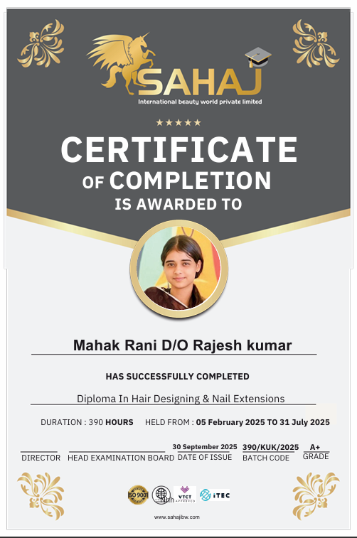 Graduation certificate for Mahak Rani